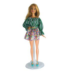 Barbie Fashion Doll 2018 FVJ42 Brunette Redressed Green Striped Blouse Floral Sk